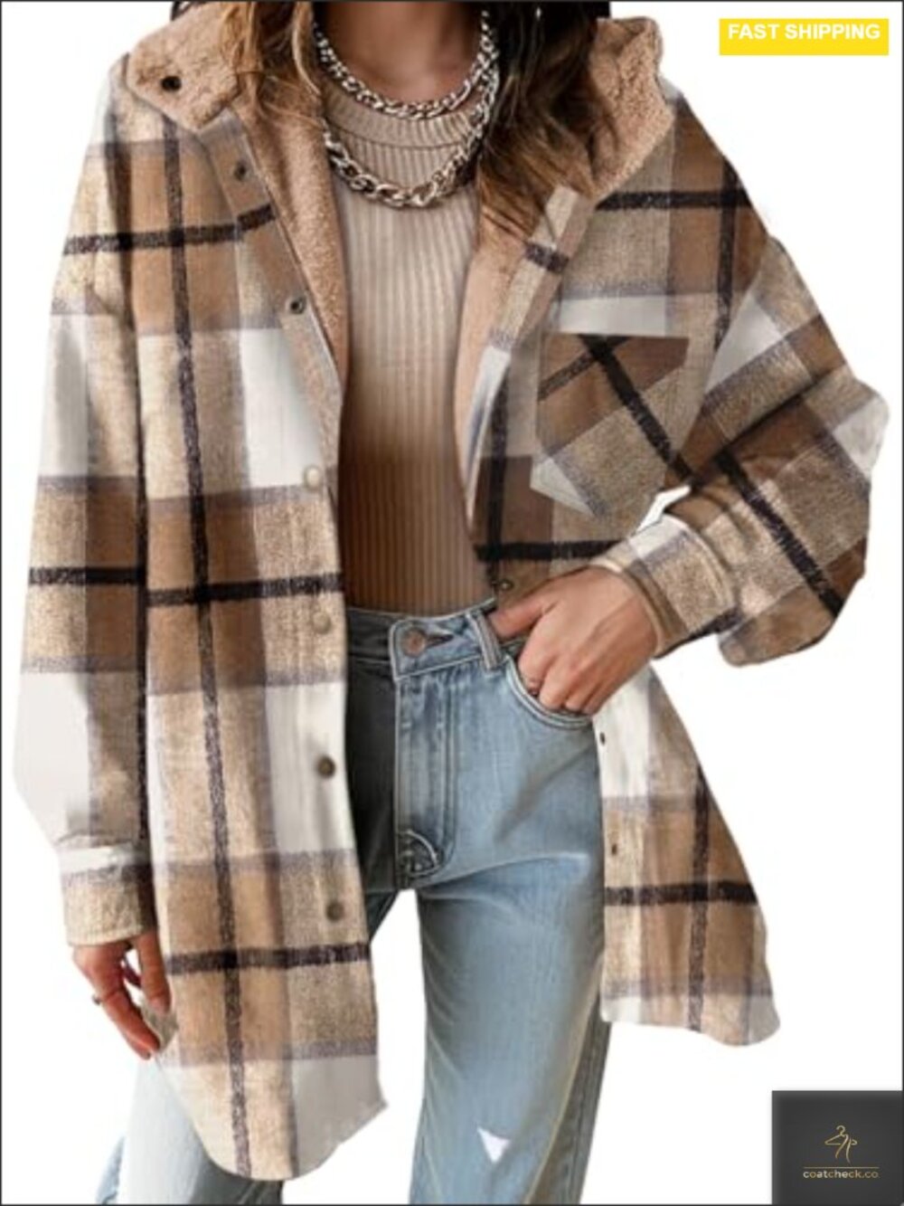 Womens Flannel Hooded Plaid Shacket Thick Coat Fleece Jacket